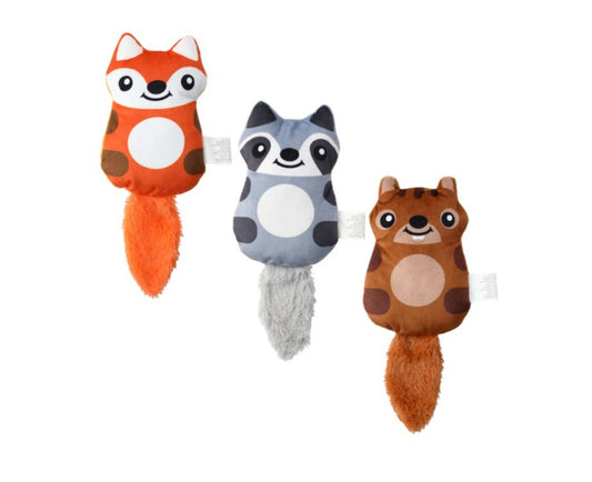 Set of 3 Squeaky Crinkle Tail Dog Toys 1-Beaver, 1- Fox and 1- Raccoon